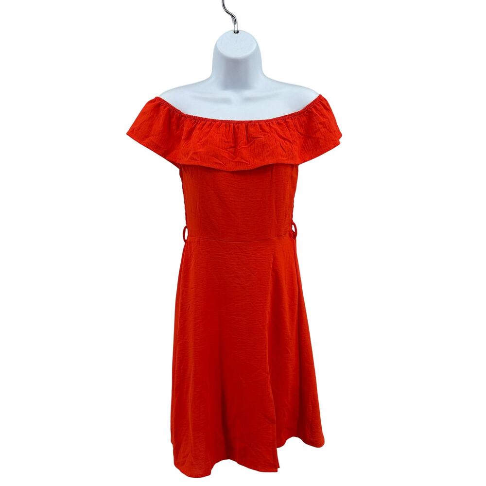 Monteau Los Angeles Dress WMNS XS Red Off Shoulder Ruffle Knee Length Fit Flare